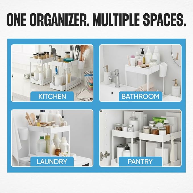 Undersink Organizer, 2-Tier Under Sink Storage Rack with Sliding Drawers for Kitchen Bathroom Cabinets, Pull Out Organizer for Pantry, Laundry Room & Closet Organization - 1 Pack, White - Image 7