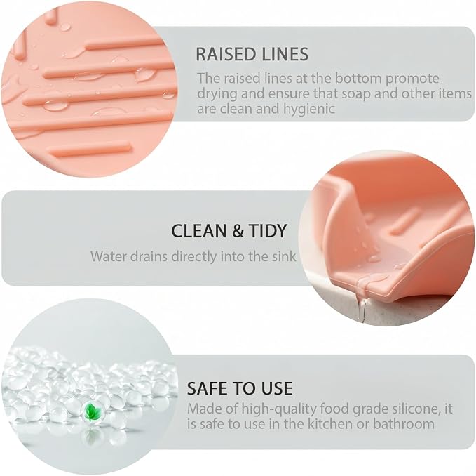 MicoYang Silicone Soap Dish with Drain Spout, Self-Draining Sink Organizer Tray for Bathroom and Kitchen, Sponges, Dispensers and Soap Holder, Non-Slip and Dishwasher Safe, Pink (Compact, 4.9"×3.2") - Image 8
