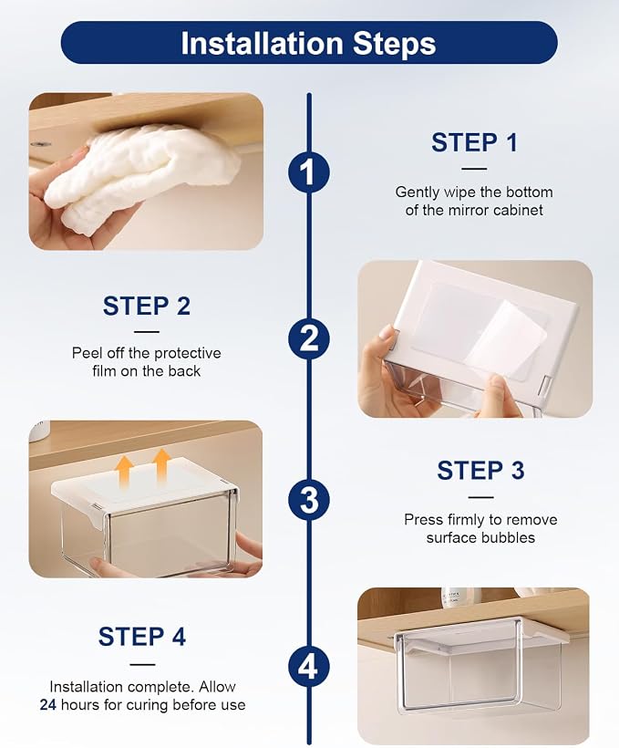 Hanging Cabinet Organizer – 33° Tilted Under Desk Drawer & Bathroom Storage – Self-Adhesive Clear Pull-Out Bins for Kitchen, Office & Vanity (Medium) - Image 7