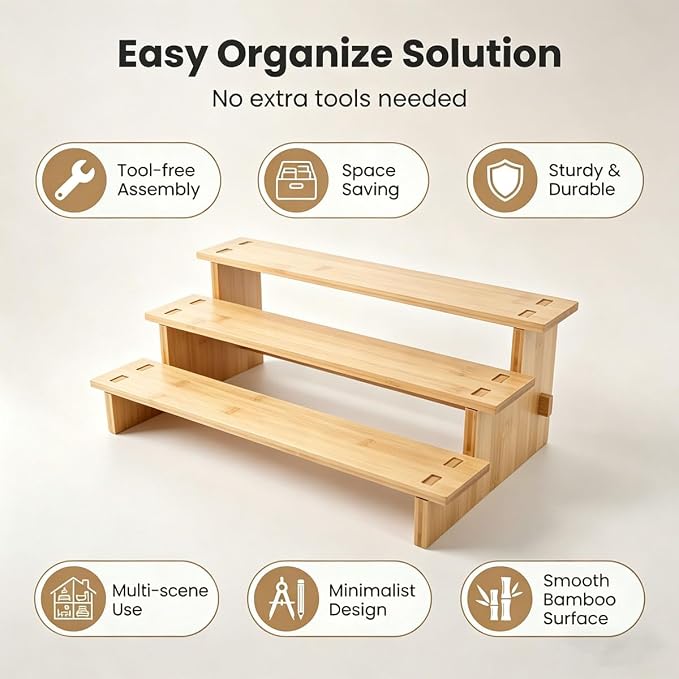 JinDoWin 2 Pack Spice Rack Organizer for Cabinets,Countertop & Pantries | 3-Tier stepped for clear visibility & easy access,Bamboo seasoning organizer，Spice shelf,Pantry Organizers and Storage - Image 6