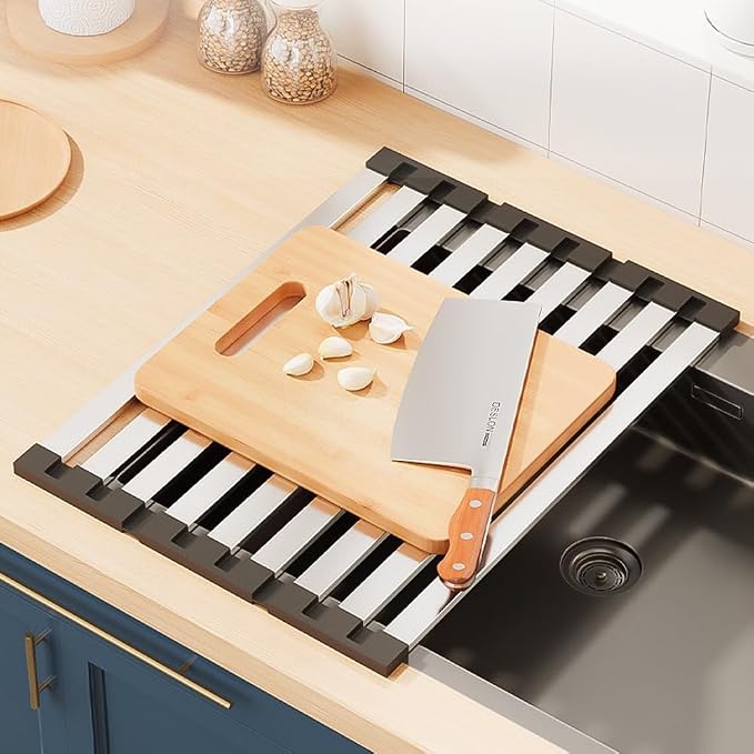 Roll Up Dish Drying Rack, Over Sink Stainless Steel Rack,Foldable Kitchen Sink Mat,Kitchen Sink Drain Rack Dish Storage Rack (19.69" H x 12.8" W) - Image 3