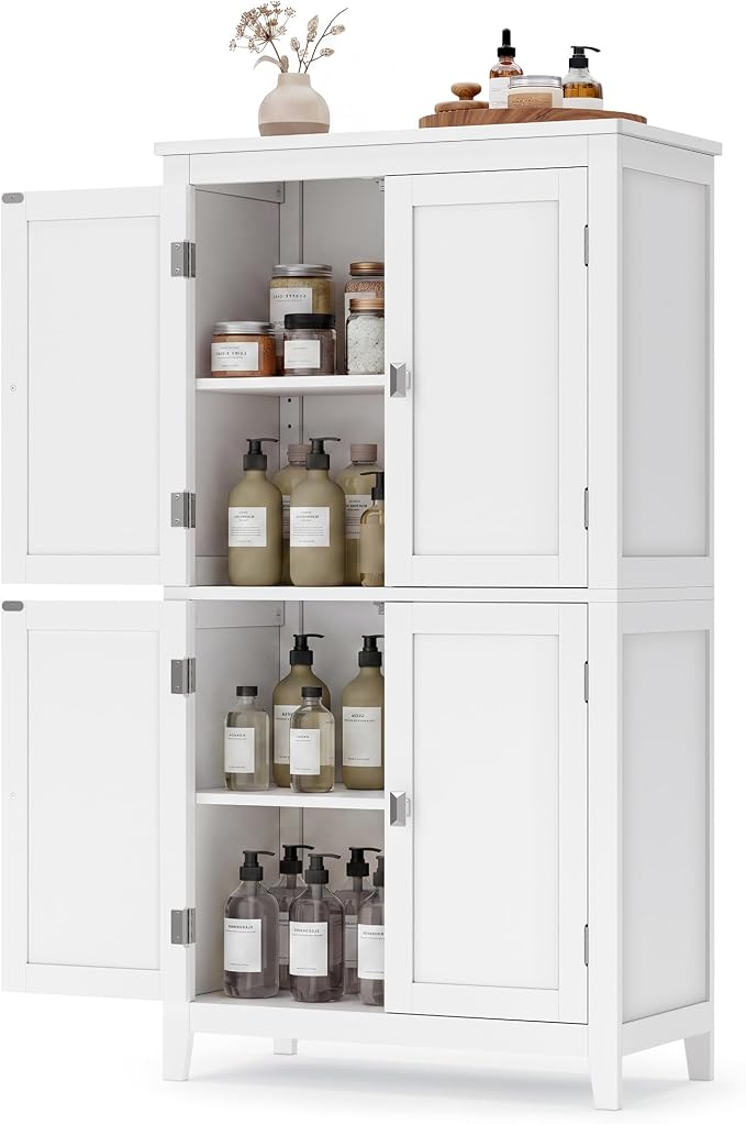 SONGMICS HOME Freestanding Storage Cabinet, Floor Cabinet with Elevated Legs, Metal Handles, for Living Room, Kitchen, Bathroom, White by SONGMICSHOME