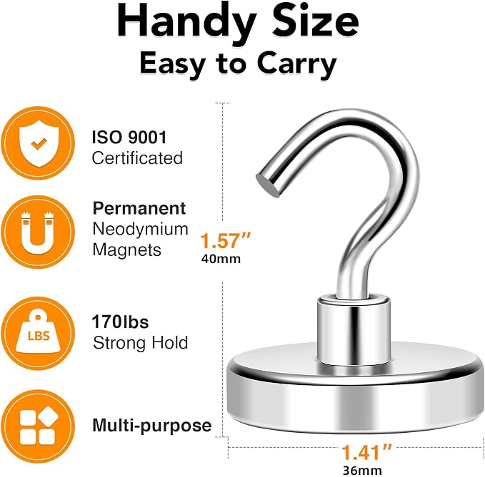 Magnetic Hooks Heavy Duty 170LB+ Strong Neodymium Magnets | Fridge Magnet Hanger Grill Toolbox - Image 2