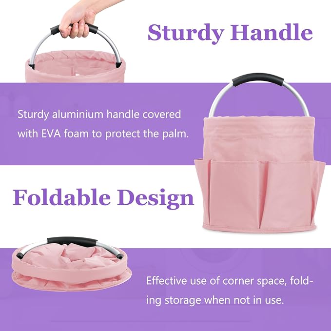 17L Portable Shower Caddy with 6 Side Pockets, Foldable Cleaning Supply Caddy with Handle, Garden Tool Bag in 600D Oxford Fabric, Multifunctional Storage Basket for Showers, Picnics, Pink - Image 5