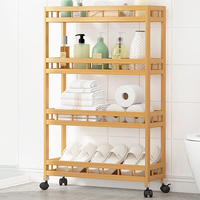 4-Tier Bamboo Utility Kitchen Rolling Cart Trolley Island Storage Shelf | (19.7" L X 7.1" W X37.8" H) Wood Removable Multi-Layer Rack on Wheels - Image 5