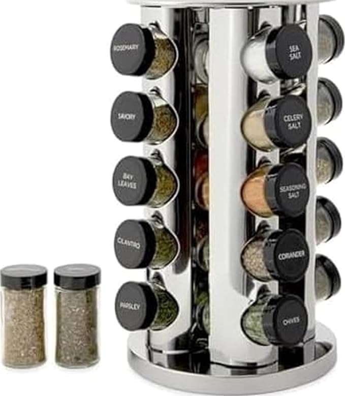 Kamenstein 20 Jar Revolving Countertop Spice Rack with Spices Included, FREE Spice Refills for 5 Years, Polished Stainless Steel with Black Caps, 30020 by Kamenstein
