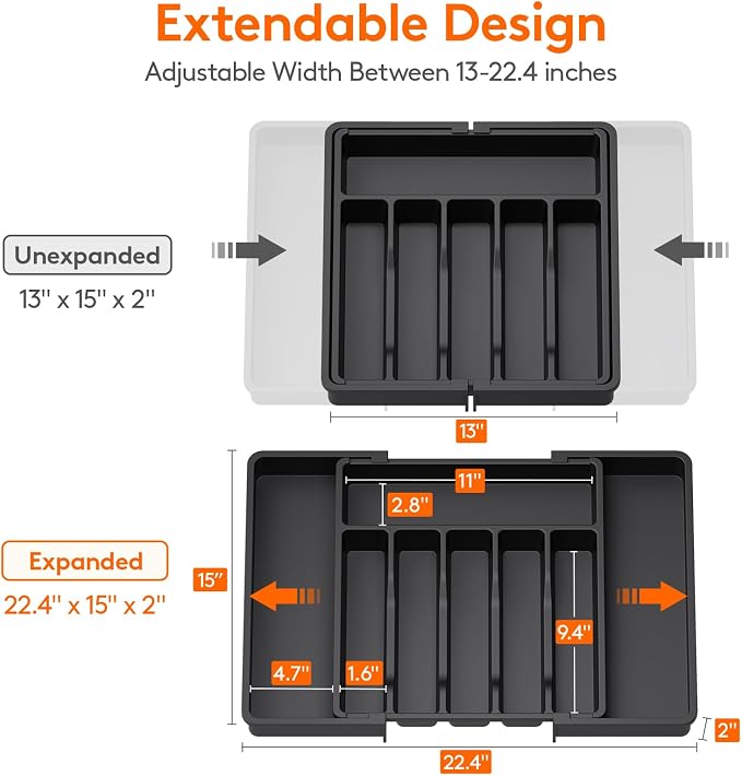 Lifewit Extra Large Silverware Drawer Organizer, Expandable Utensil Tray | BPA Free Flatware Cutlery Holder for Kitchen, Adjustable Plastic Storage for Spoons Forks Knives, 13-22 x15, Black - Image 3