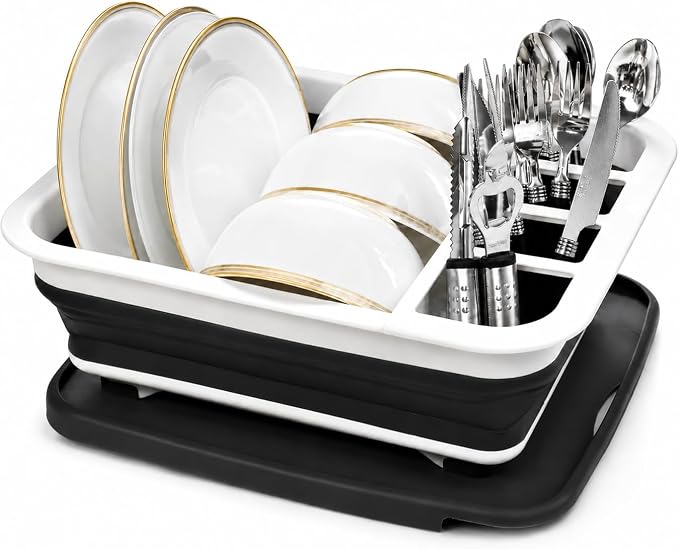 Masirs Pop-Up Collapsible Dish Drying Rack: Convenient Storage, Drains into Sink, Eight Large Plate Capacity, Sectional Cutlery and Utensil Compartment. Compact and Portable Design. by Masirs
