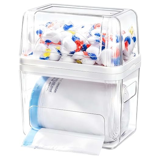 Kaen 3 in 1 Trash Bag Dispenser Under Sink Dishwasher Pod Organizer | Large Stackable Trash Bag Holder Garbage Bag Dispenser for 13/30/33 Gallon Bags, Clear Storage Bins Laundry Pods Container by Kaen