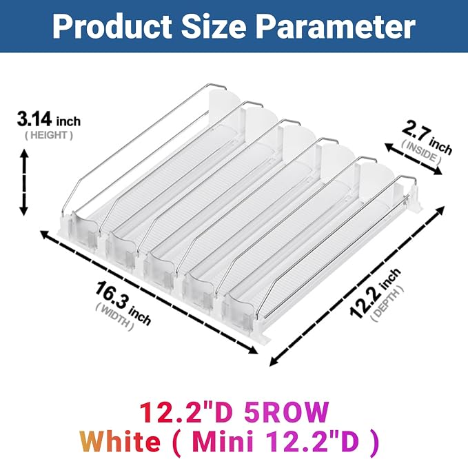 Drink Organizer for Mini Fridge (Fits Depth ≥ 12.2"), 12oz 16oz 20oz Soda Can Dispenser, Width Adjustable Automatic Pusher Glide, 12.2" D 5ROW Holds 20 Cans, White - Image 2
