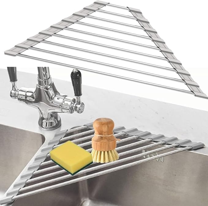 Triangle Dish Drying Rack Multipurpose Roll-up Drying Rack for Sink Corner Stainless Steel Over The Sink Corner Dish Drainer Mat for Kitchen (Grey) by Fafcitvz