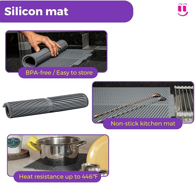 3-in-1 Over Sink Dish Drying Rack – Roll-Up Sink Rack, Silicone Mat & Folding Dish Rack – Multi-Functional, Space-Saving Kitchen Organizer (Black) - Image 5
