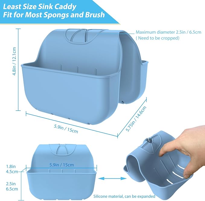 Sponge Holder for Kitchen Sink, Silicone Sink Saddle Caddy Organizer Rack, Sponges Holder Over Faucet, Hanging Kitchen Organizer Accessories Rack Basket - Light Blue - Image 2