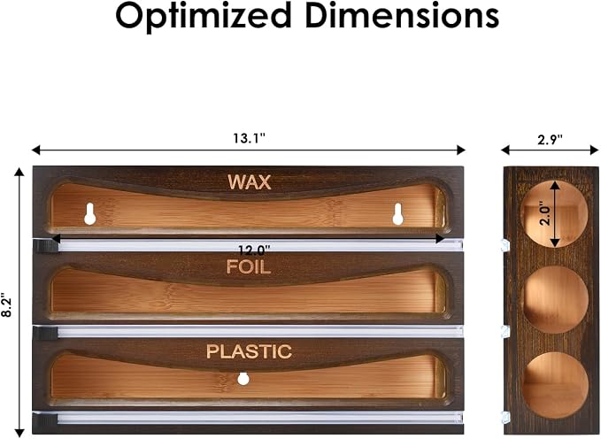 Bamboo Wrap Dispenser with Cutter, Plastic Wrap Organizer, Aluminum Foil Organization, and Wax Paper Dispenser Holder for Kitchen Drawer and Wall, Compatible with 12" Roll (03 Vintage Brown) - Image 5