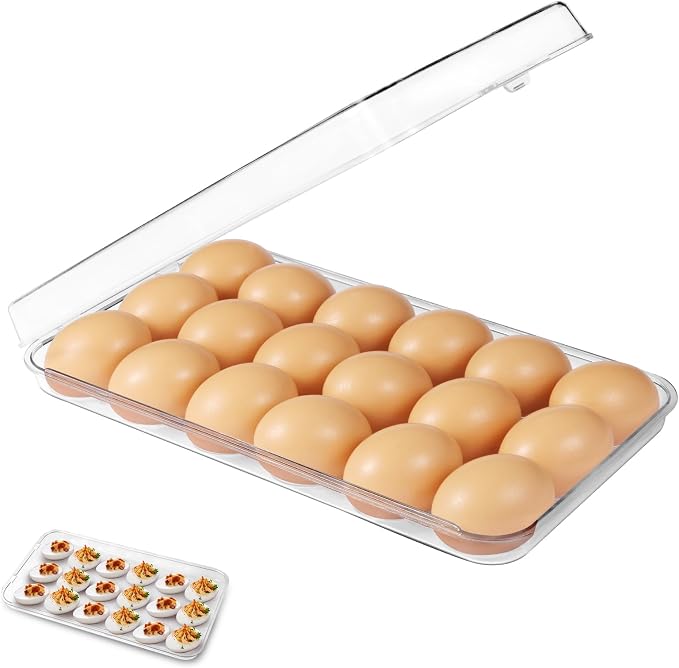 Egg holder for fridge - deviled egg containers with lid, Clear Stackable Plastic Egg Holder, Space-Saving 18 Egg refrigerator Organizer (Clear, Pack of 01) by Unknown