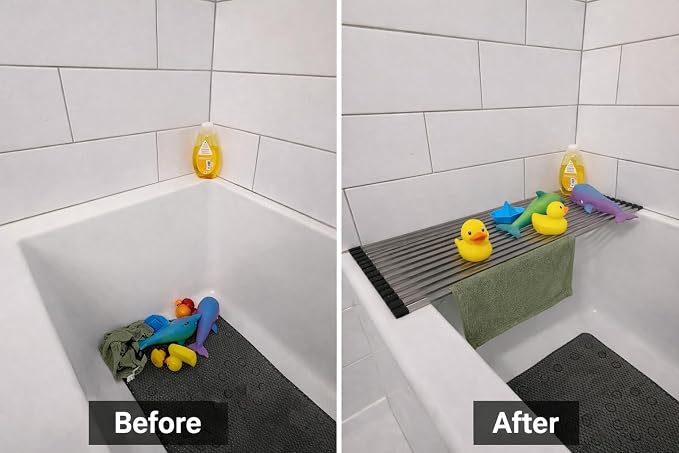 28" Bathtub Drying Rack for Bath Toys, Over-the-Tub Roll-Up Shelf & Tray | Fits tub openings up to 28 in. wide; measure first. Fast-draining, non-slip silicone tips; holds toys, cups & washcloths - Image 3