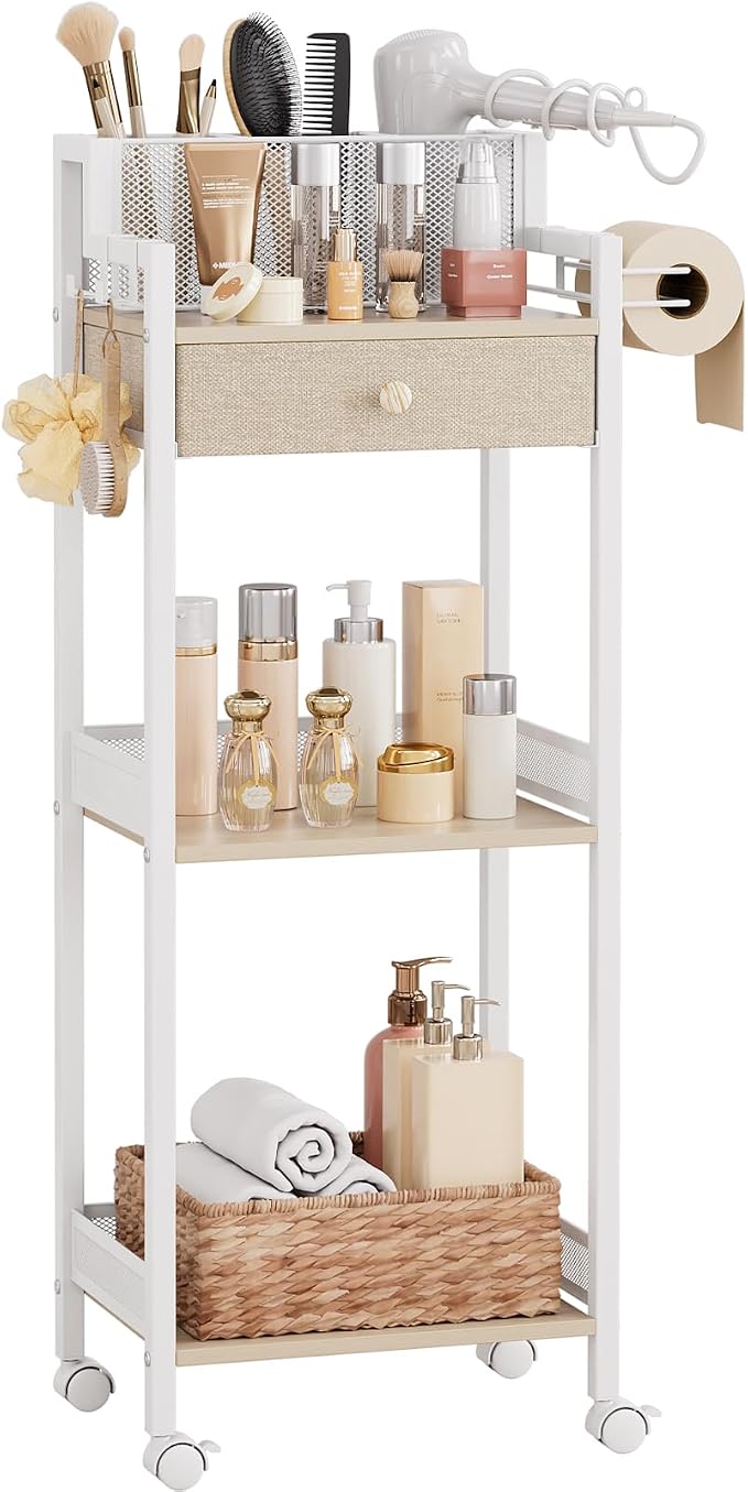 3 Tier Bathroom Organizer Shelf with Drawer, Rolling Makeup Cart | Large Make up Organizers, Cosmetics Display Cases for Hair Tool, Skincare, Kitchen, Bedroom, Laundry Room, Dorm, 12.8in by HomeLivingStorageOrganizer