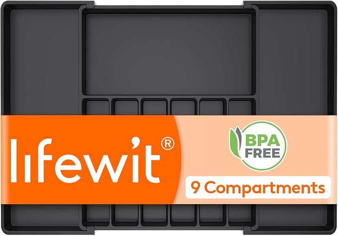 Lifewit Extra Large Silverware Drawer Organizer, Expandable Utensil Tray | BPA Free Flatware Cutlery Holder for Kitchen, Adjustable Plastic Storage for Spoons Forks Knives, 18- 33 x 18.5", Black by Lifewit