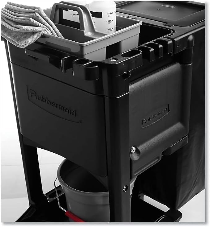 Rubbermaid Commercial Products Executive Series Janitorial and Housekeeping Cleaning Cart with Locking Cabinet, Wheeled with Zippered Black Vinyl Bag, Black, 38.4" H x 21.8" W x 46" L - Image 6