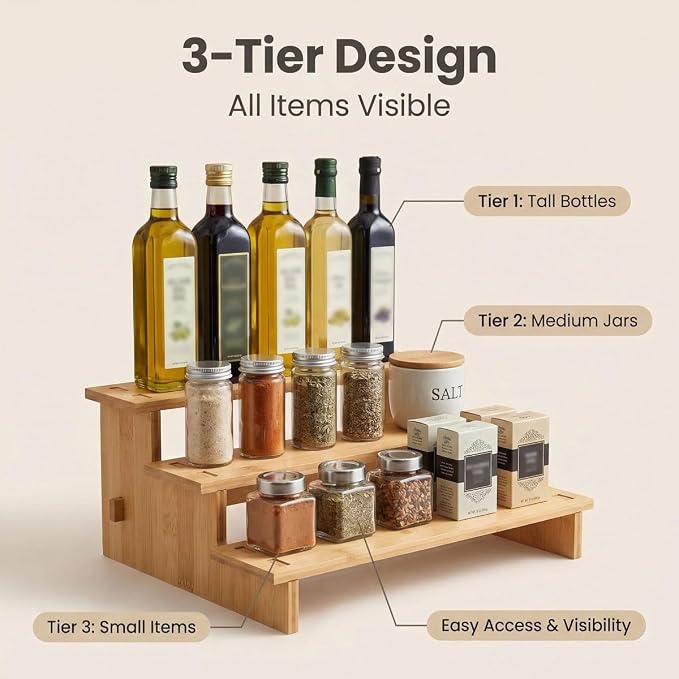 3-Tier stepped Spice Rack Organizer for Cabinets,Countertop & Pantries | Clear visibility & easy access,Bamboo seasoning organizer,Spice shelf kitchen cabinet organizer,Pantry Organizers and Storage - Image 8