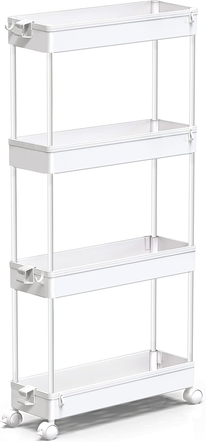 SPACEKEEPER Slim Rolling Storage Cart, 4 Tier Bathroom Cart Organizer,White | Narrow Rolling Cart with Wheels for Kitchen Office Bathroom Laundry Room,Mobile Utility Cart for Craft Art Makeup Nail Polish by SPACEKEEPER
