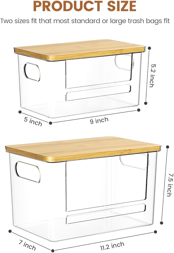 Trash Bag Dispenser 2 Pack (XL+S) - Trash Bag Holder with Bamboo Top | Acrylic Garbage Bags Dispenser Under Sink Organizer for Pantry, Kitchen, Laundry Room, Cabinet 2 Pack (XL+S) - Image 8