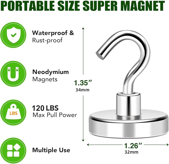 Magnetic Hooks 120LB Strong Magnet with Hook for Refrigerator | Super Neodymium Magnetic Cruise Hooks Locker Organizer Industrial Hook Outdoor Hanging Brackets Grill 12 Pcs - Image 5