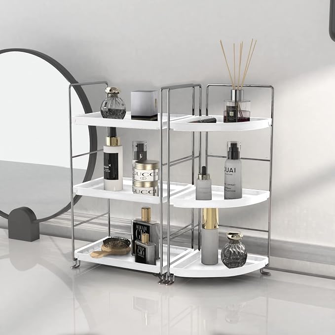 3-Tier Corner Bathroom Counter Shelf Stackable Perfume Storage Holder Makeup Countertop Organizer Standing Vanity Tray Kitchen Spice Rack,White and Silver - Image 5
