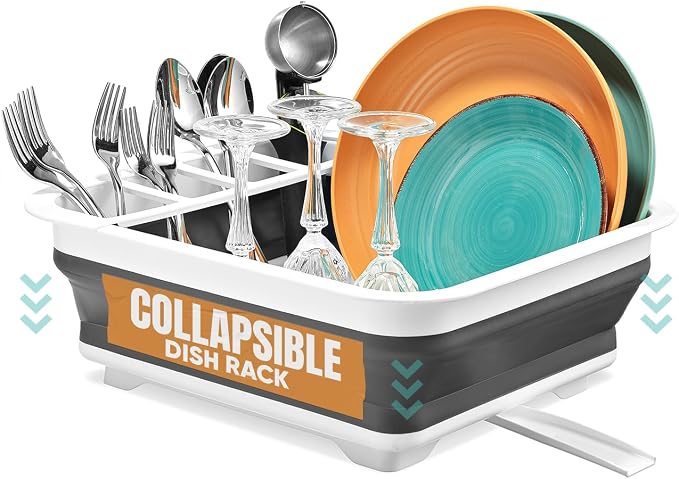Collapsible Dish Drying Rack, Pop-Up with Drainboard, 8 Plate Capacity | Dish Strainer and Drainer, Over Sink Plate Rack, Utensil Holder, Plastic Rust-Free, Portable for RV Camping Kitchen Counter by Masirs