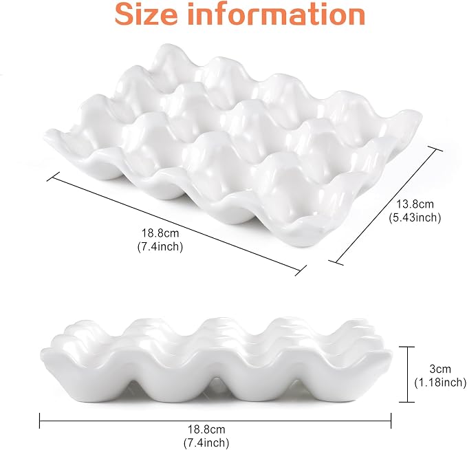 Ceramic 12 Cups Egg Tray - 1 Dozen Porcelain Egg Holder Container Keeper Storage Organizer Decorative Serving Dish Plate for Refrigerator Fridge Countertop Display Kitchen Home (White 12 Eggs) - Image 3