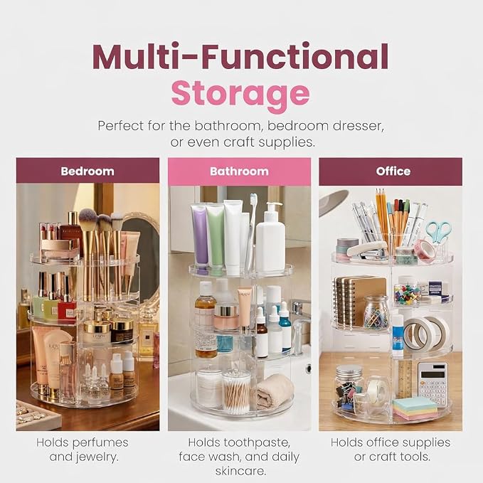 Masirs 360 Rotating Makeup Organizer Countertop, Adjustable Shelf, Clear | 360-Degree Rotating Makeup Organizer, Adjustable Shelf Height, Cosmetic Perfume Skincare Storage, Vanity Countertop, Clear - Image 6