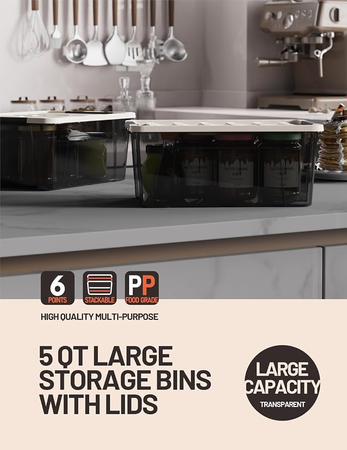 WYT Small Clear 5-Quart Plastic Storage Container Bin with Khaki Secure Lid and Black Latch Buckles, Durable Stackable Nestable Organizin, 6-Pack - Image 6