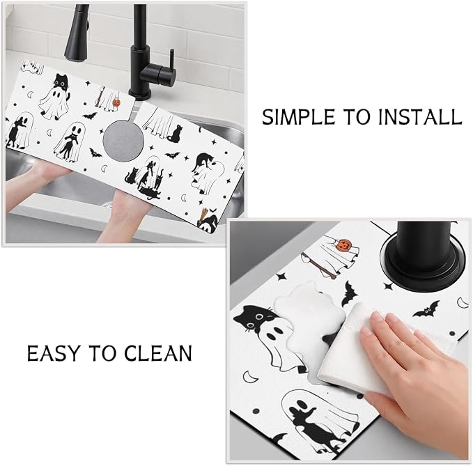 Halloween Kitchen Sink Splash Guard Faucet Mat,Cats Ghosts Bat Halloween Faucet Non-Slip Absorbent Mat,Farmhouse Sink Splash Guard Behind Faucet for Kitchen Bathroom,15"x5.5" - Image 4