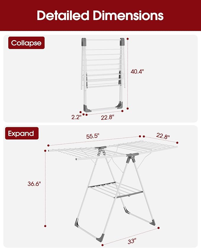Sakugi Clothes Drying Rack, 55.5" Adjustable Wings, Foldable Design | Laundry Room, Bedroom, Outdoor & Indoor Use, Height Adjustable, Collapsible, White Gray, 55.5" L × 22.8" W - Image 3