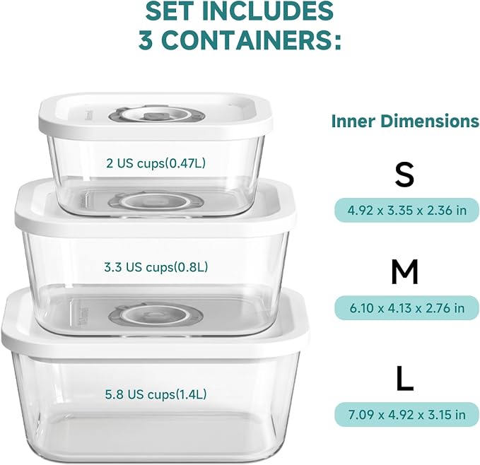 Glass Vacuum Seal Containers, 3-Piece Set, Small Medium Large | BPA-free, Borosilicate Glass, Date-tracking lids, Ideal for liquids and delicate foods, Works with handheld vacuum sealers - Image 4