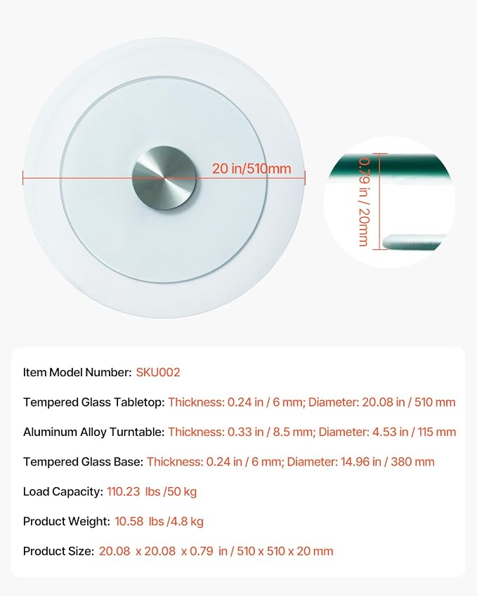 VEVOR 20 in Glass Lazy Susan Turntable, 360° Rotation Round Clear Tabletop Rotating Tray, Tempered Glass Dining Table Centerpiece, Smooth and Silent Spin, for Family Gatherings, Banquets & Weddings - Image 7
