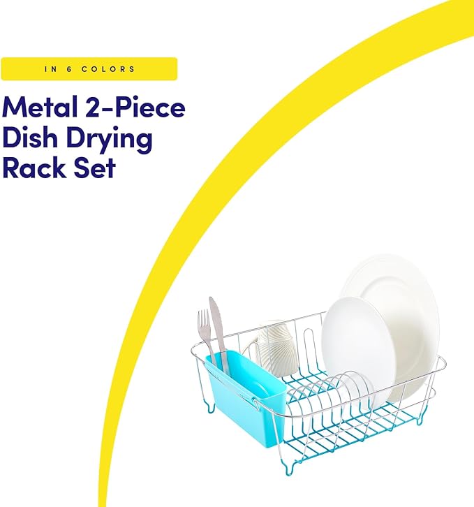 Dish Drying Rack & Cutlery Holder 2 Piece Set - Compact Sink-Fitting Dish Drainer with Rubberized Undercoating, Space-Saving Kitchen Organizer for Plates, Cups, Bowls & Utensils in Sink, Turquoise - Image 2