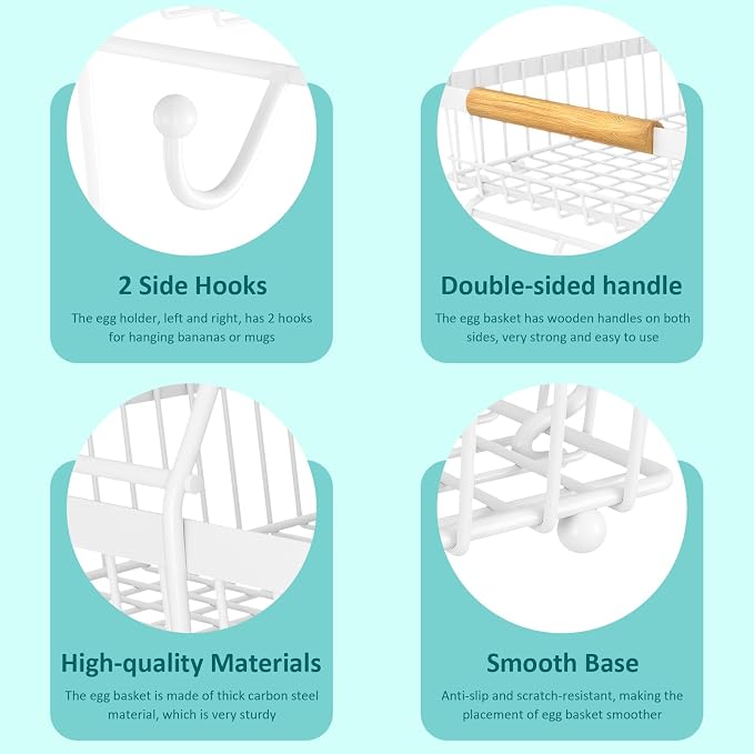 3 Tier Fruit Basket for Kitchen Counter with 2 Banana Hangers, Countertop Metal Fruit Bowl with Wooden Handle, Large Storage Stand for Vegetables, Snacks, Breads, Produce Storage – White - Image 4