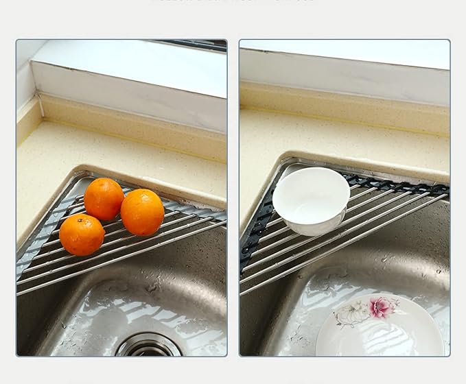 Ahyuan Roll up Dish Drying Rack Over The Sink Kitchen Roll up Sink Drying Rack Portable Dish Drainer Foldable Dish Drying Rack (Warm Gray, Triangle 16.3''X9.4'') - Image 3