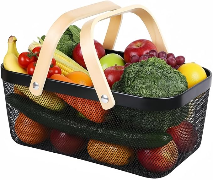 Portable Mesh Harvest Basket - Natural Bamboo Handle Foldable Organizer for Kitchen, Garden & Picnic | Ventilated Storage Bin with Rust-Proof Wire, Space-Saving Farmhouse Decor (Black) by Ymeibe