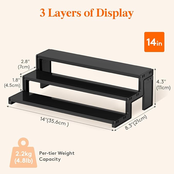 Lifewit 14″ Spice Rack, Perfume Cologne Stand,Tool-Free Assembly, 2 Pcs | 3-Tier Black Display Riser Shelf, Cupcake Stand, Seasoning Figurine Makeup Holder, Room Decor, Kitchen Cabinet Storage - Image 3