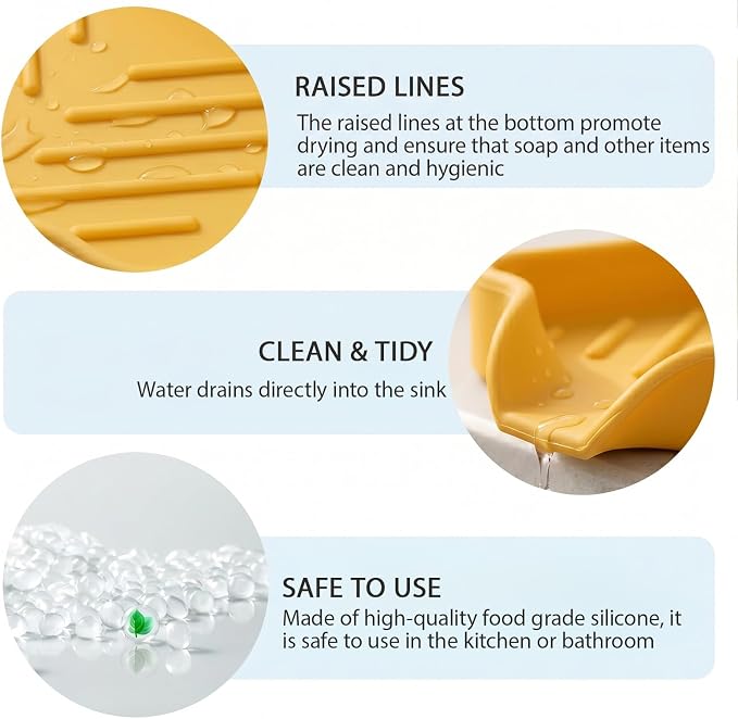 MicoYang Silicone Soap Dish with Drain Spout, Self-Draining Sink Organizer Tray for Bathroom and Kitchen, Sponges, Dispensers and Soap Holder, Non-Slip & Dishwasher Safe, Yellow (Compact, 4.9"×3.2") - Image 8
