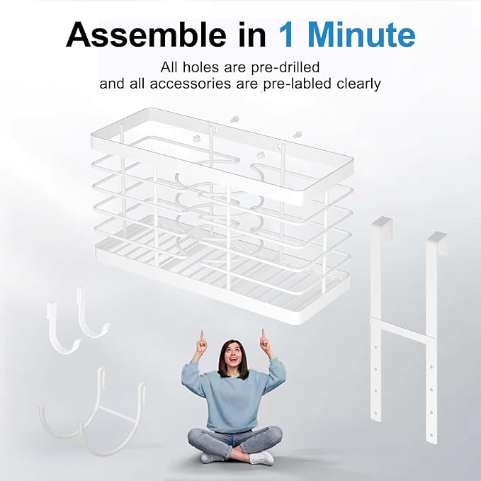 2026 Upgraded 3-in-1 Universal Hair Tool Organizer, XL Size, White | Adjustable Height Metal Hair Dryer Holder, Wall Mounted, Over Cabinet Door, Countertop, Bathroom Storage - Image 7
