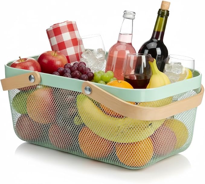 Portable Mesh Harvest Basket - Natural Bamboo Handle Foldable Organizer for Kitchen, Garden & Picnic | Ventilated Storage Bin with Rust-Proof Wire, Space-Saving Farmhouse Decor (Nebula Green) - Image 6
