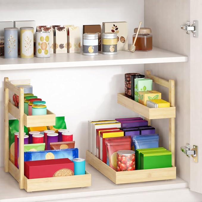 Bamboo Under Sink Organizer, 2-Tier Pull Out Cabinet Organizer | Kitchen Sink Organizer | Bathroom Cabinet Organizer | Cleaning Supply Storage | L-Shape | 3-Level Adjustable | Natural Bamboo - Image 3
