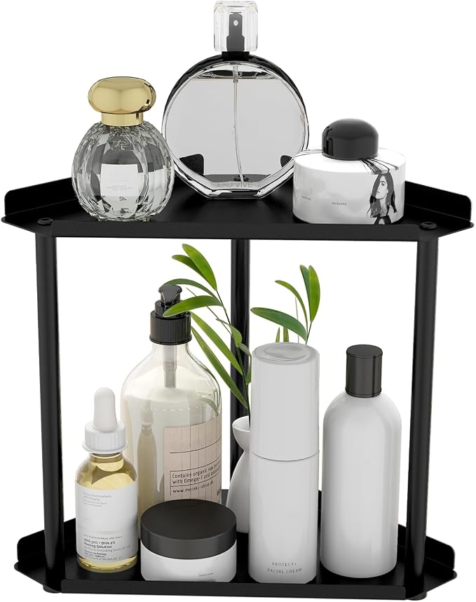 FLE Corner Bathroom Counter Organizer, Bathroom Organizer Countertop Black | 2 Tier Corner Shelf, Tabletop Mount,Waterproof Solid Shelf Fits Bathroom Toiletries and Kitchen Condiment Storage by FLE