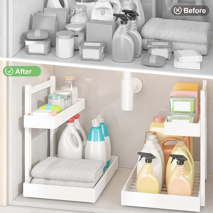 Bamboo Under Sink Organizer, 2-Tier Pull Out Cabinet Organizer | Kitchen Sink Organizer | Bathroom Cabinet Organizer | Cleaning Supply Storage | L-Shape | 3-Level Adjustable | Natural Bamboo - Image 6