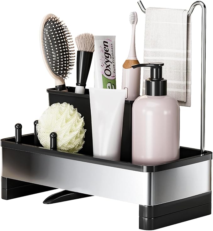 Ewaiira Sponge Holder for Kitchen Sink, Stainless Steel Sink Caddy | with Brush Holder & Dishcloth Rack, Countertop Sink Organizer, Soap Dispenser Kitchen Organizers Storage (D-Black 9.8″) - Image 8