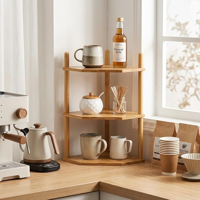 2Pc 3-Tier Bamboo Corner Shelf,Kitchen Countertop Organizer,Corner Countertop Organizer Shelf, Coffee Bar Organizer,Coffee Bar Accessories,for Kitchen, Pantry, Organizers and Storage - Image 3