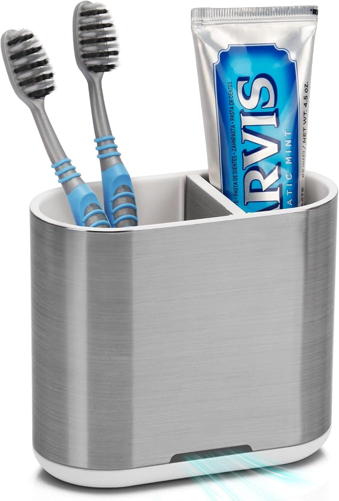 Toothbrush Holders Toothpaste Organizer for Bathrooms, Sliver, Small | 2 Slots, Easy to Clean, Plastic, Kids Electric Toothbrush, Drainage, Removable, For Bathroom, Vanity, Kitchen Sink, Office by Chintu